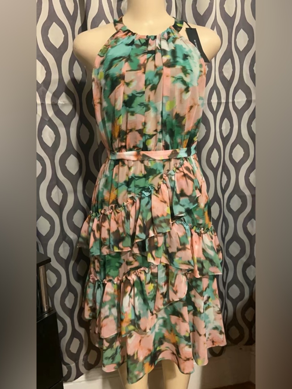 BCBG One-Shoulder Tiered Ruffle Dress in Pink & Green